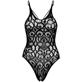 LEG AVENUE SEAMLESS SCROLL LACE TEDDY - NOIR