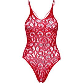 LEG AVENUE SEAMLESS SCROLL LACE TEDDY - ROUGE