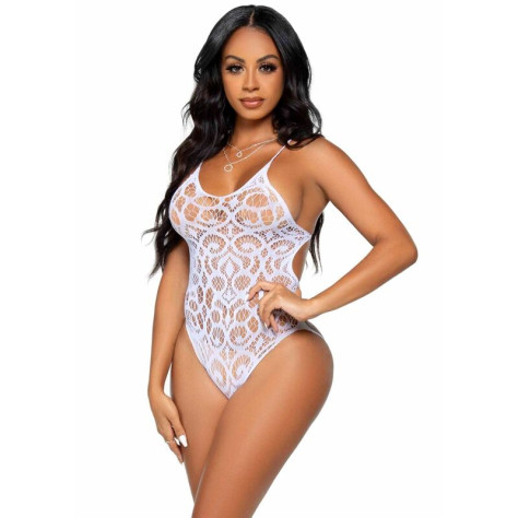 LEG AVENUE SEAMLESS SCROLL LACE TEDDY - BLANC