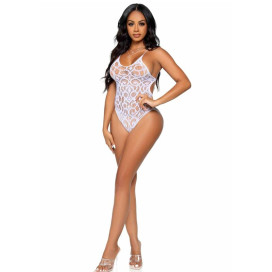 LEG AVENUE SEAMLESS SCROLL LACE TEDDY - BLANC