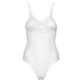 LEG AVENUE SEAMLESS SCROLL LACE TEDDY - BLANC