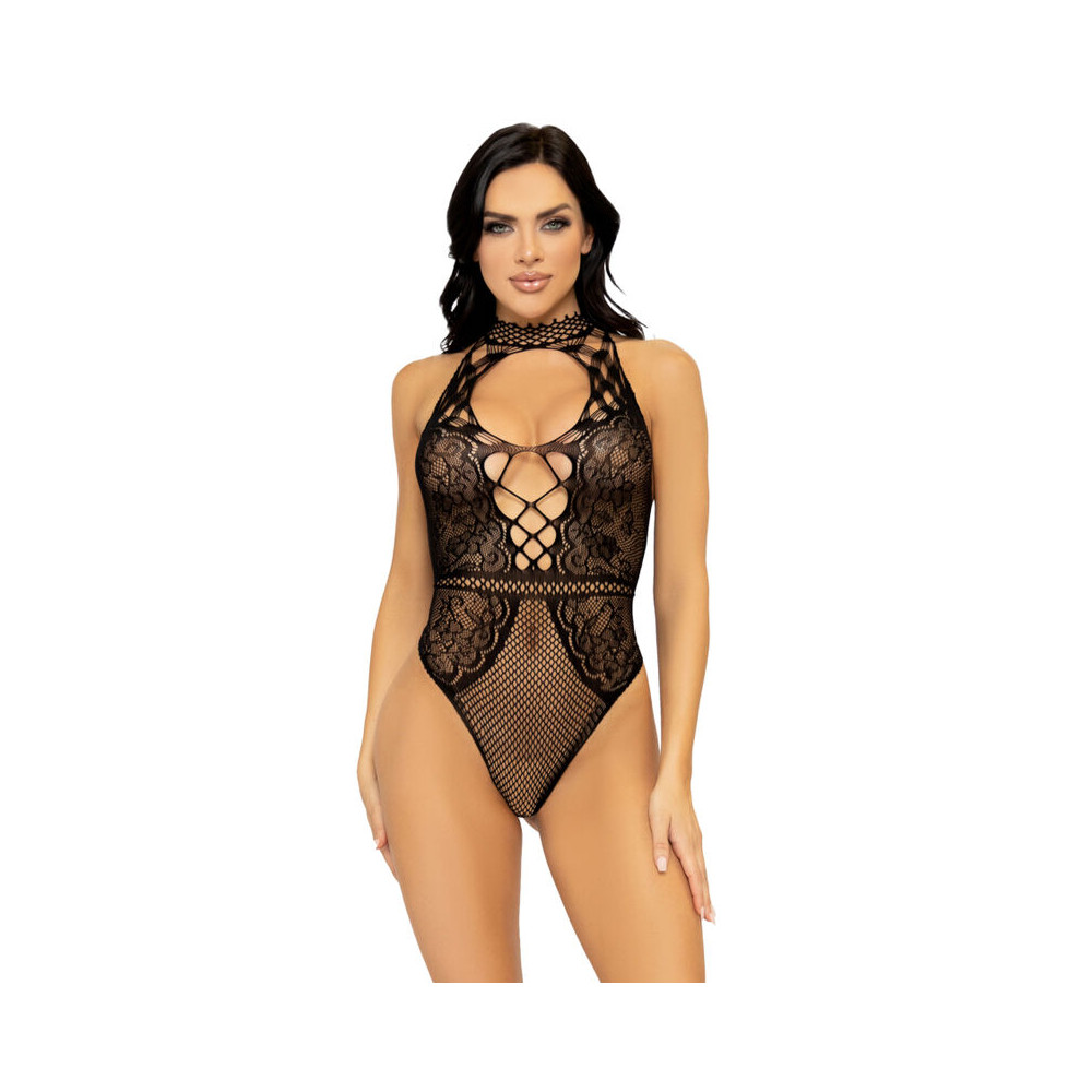 LEG AVENUE NET AND LACE KEYHOLE BODYSUIT ONE SIZE - BLACK