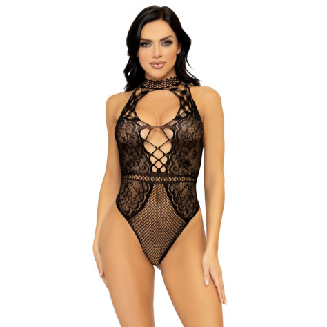 LEG AVENUE NET AND LACE KEYHOLE BODYSUIT ONE SIZE - BLACK