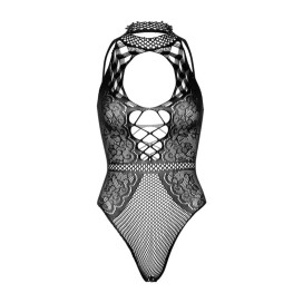 LEG AVENUE NET AND LACE KEYHOLE BODYSUIT ONE SIZE - BLACK