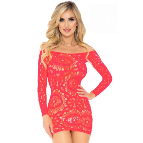 LEG AVENUE MINI ROBE EN DENTELLE À MANCHES LONGUES CORAIL TAILLE UNIQUE