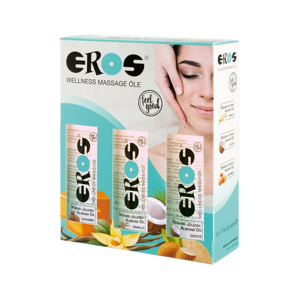 PACK HUILES DE MASSAGE EROS WELLNESS CARAMEL + VANILLE + NOIX DE COCO 50 ML